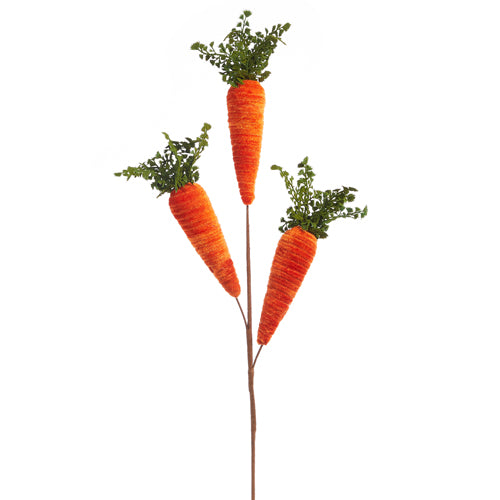 Orange foam carrot spray with polyester leaves measuring 28 inches long.