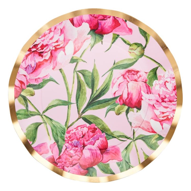 Wavy 10-inch paper dinner plate with pink peony floral pattern and a gold foil rim.
