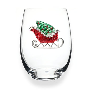 Clear stemless wine glass with jeweled embellishments around the bowl rim