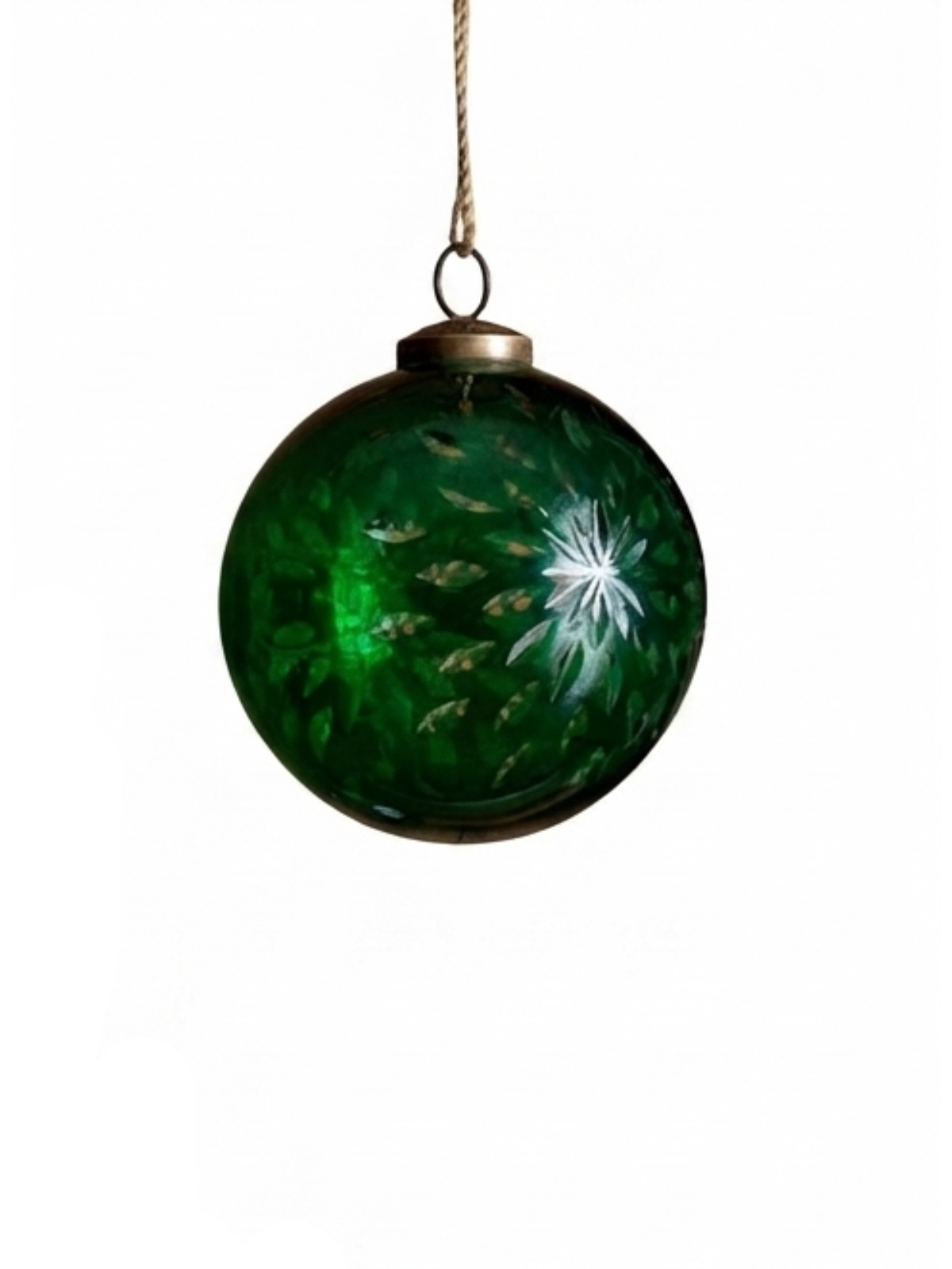 Holiday Green Cut Glass 4 inch Ball Ornament with starburst pattern and hanging string.