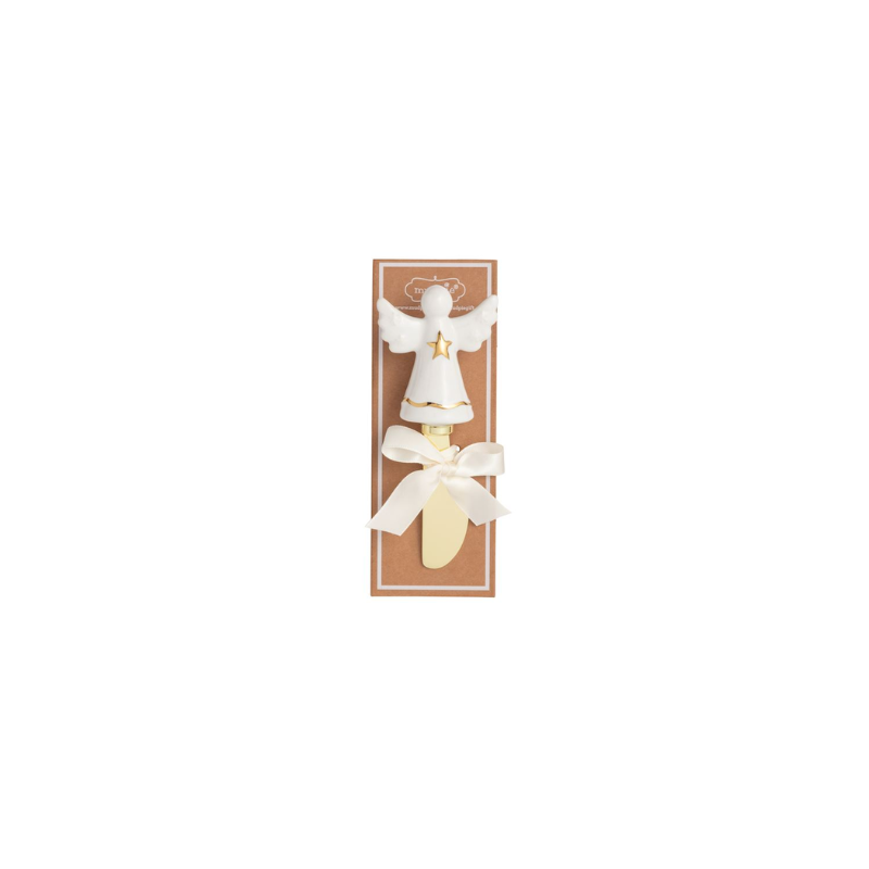 Gold detail Christmas spreader with a white stoneware angel handle on a brown display card.