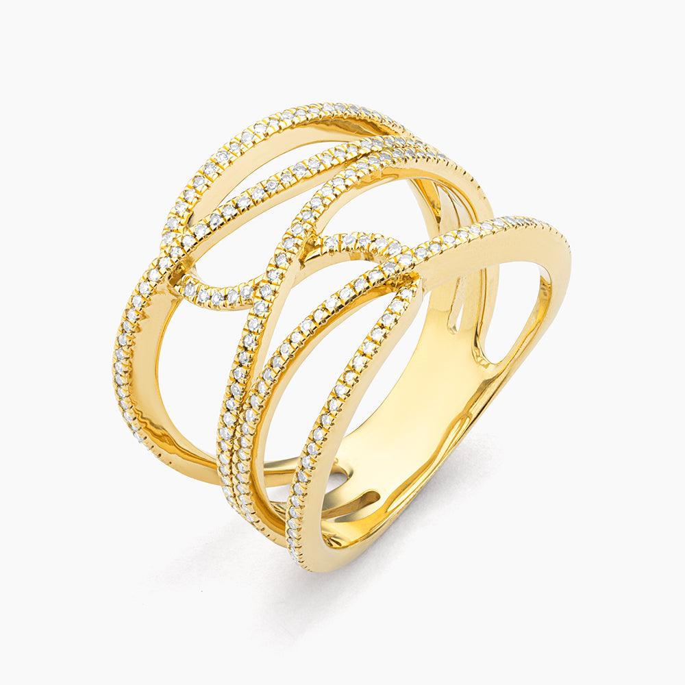 Make Connections Statement Ring in yellow gold with multiple crisscrossing diamond-set bands.