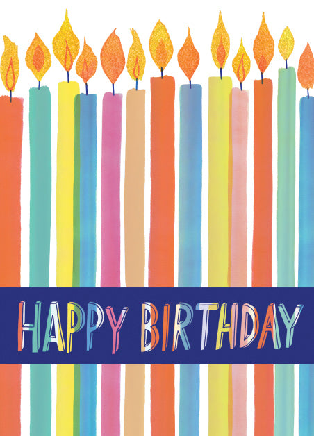 Tall Birthday Candles Greeting Card with colorful candles and holographic Happy Birthday text.