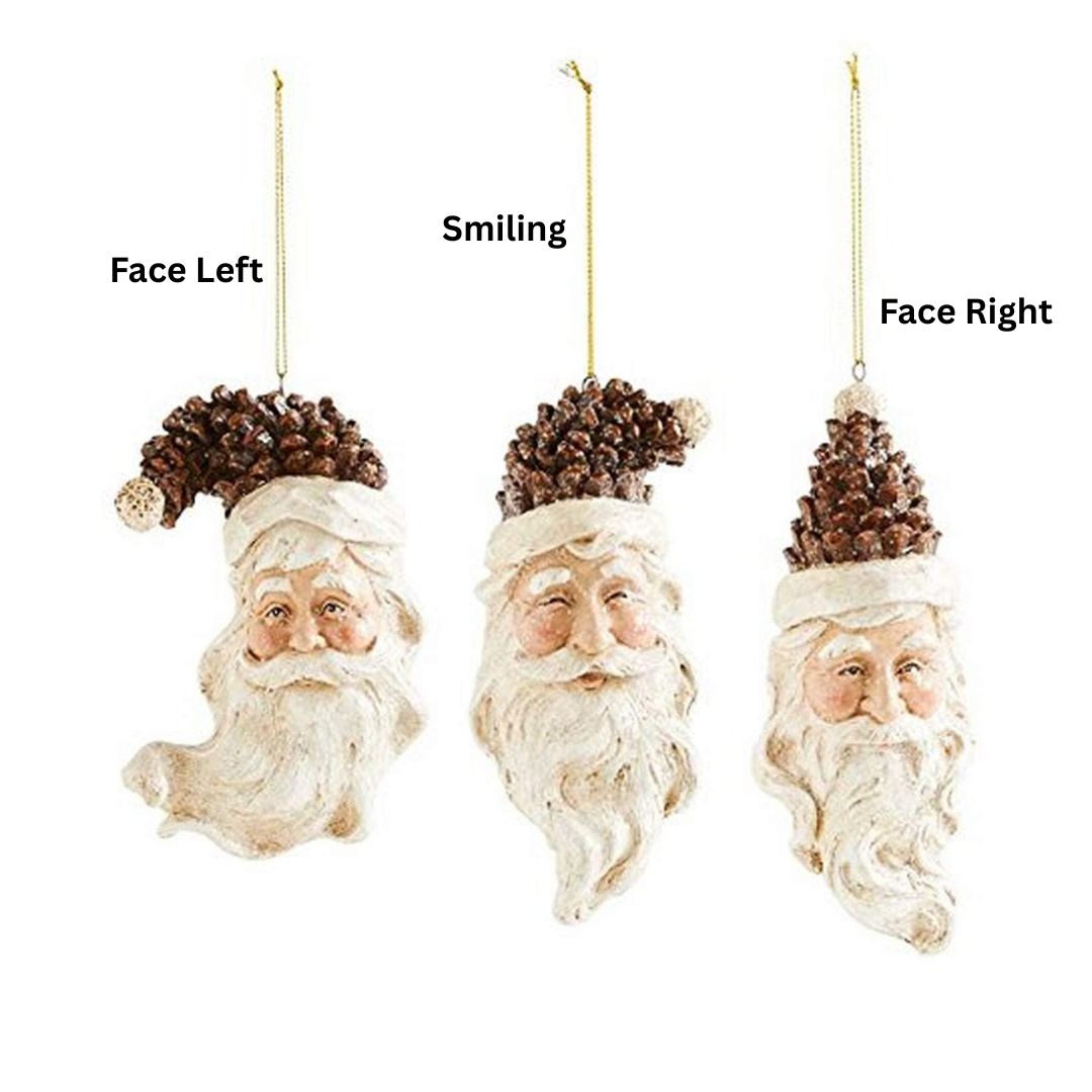Pinecone-shaped Santa head ornament made of polystone with a festive red hat and white beard.