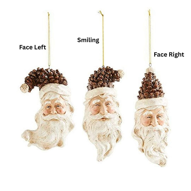 Pinecone-shaped Santa head ornament made of polystone with a festive red hat and white beard.