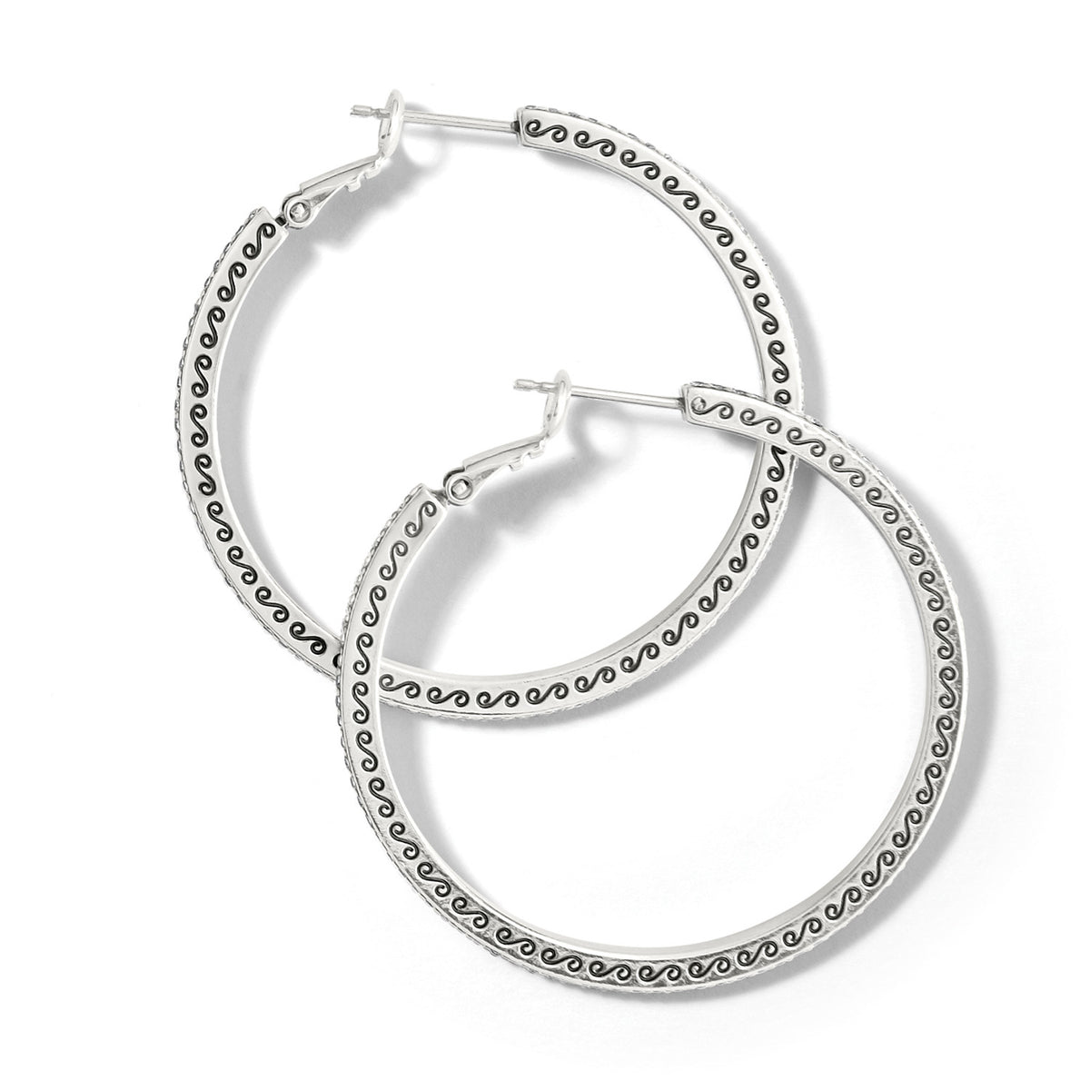 Silver plated Meridian thin large hoop earrings with black scroll design and post lever back.