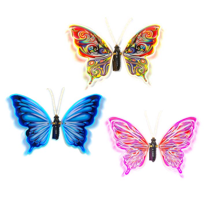 Three electric lighted and animated butterflies in multi-color, blue, and pink with wall mounts.