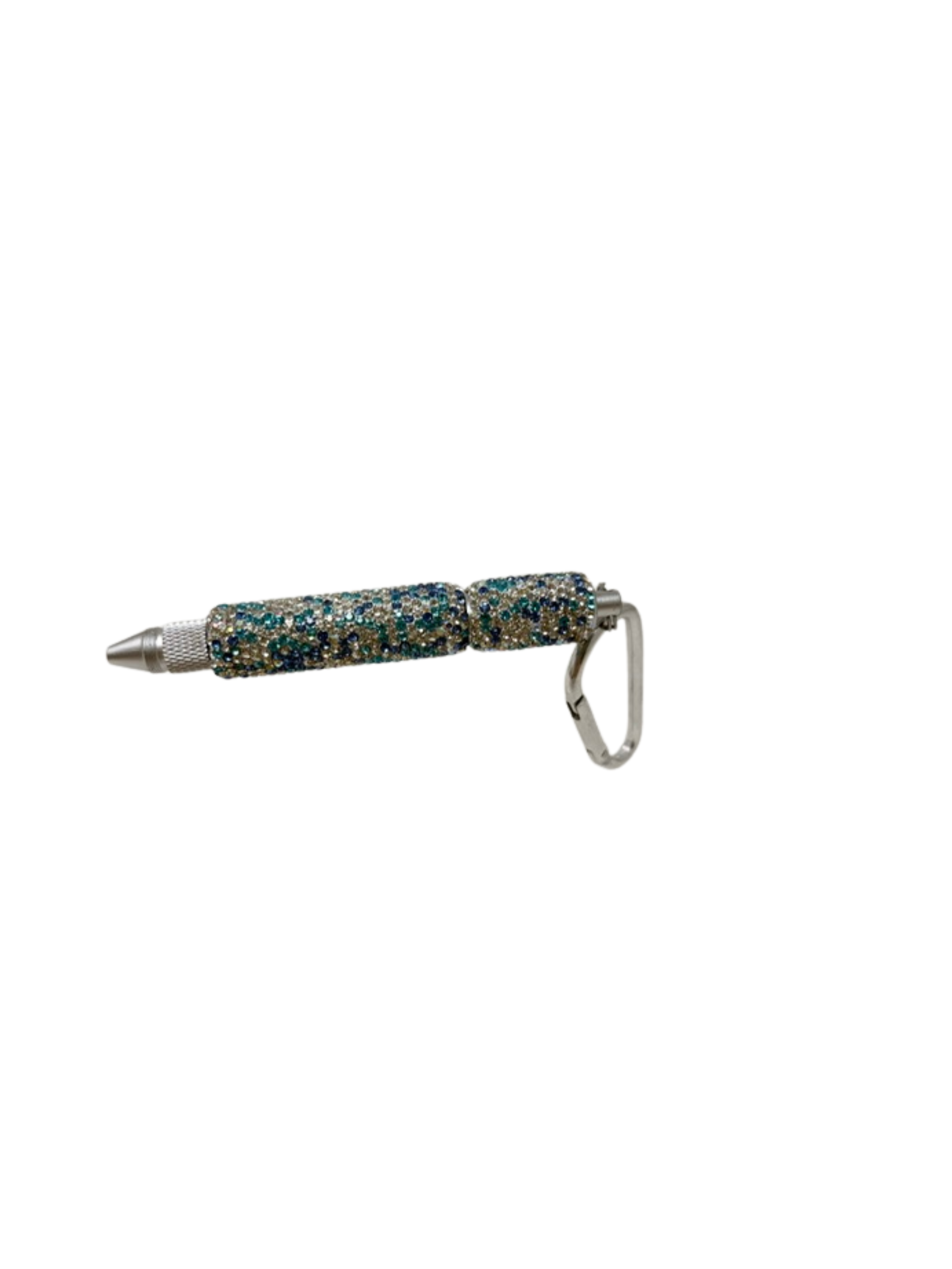 Multi-functional keychain pen with a silver finish and blue and gold rhinestone embellishments.