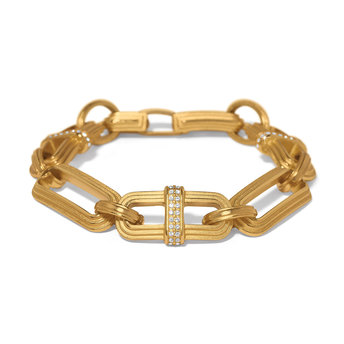 Gold plated Meridian Aurora Link Bracelet featuring fine quality crystals with a fold over clasp closure.