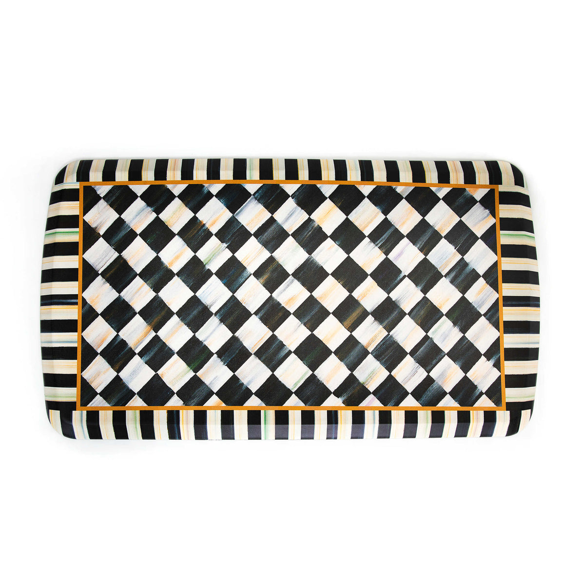 Courtly Check patterned gel comfort mat in blue with white grid lines
