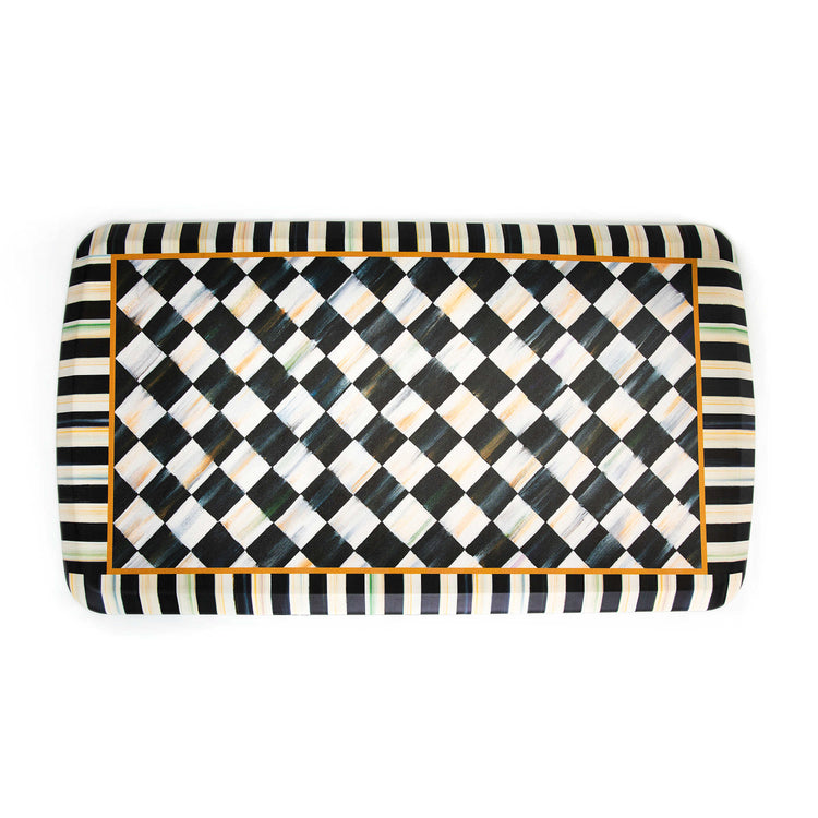 Courtly Check patterned gel comfort mat in blue with white grid lines