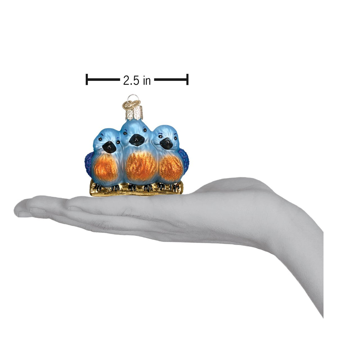 Feathered Friends glass ornament featuring three blue and orange birds on a branch, 2.5 inches wide.