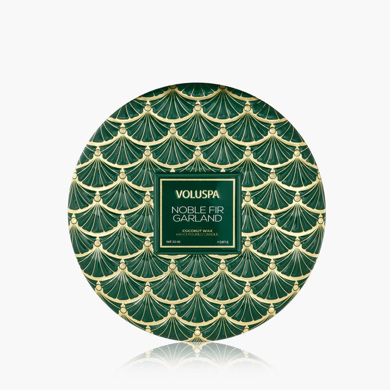 Noble Fir garland candle in a rectangular tin with three wicks.