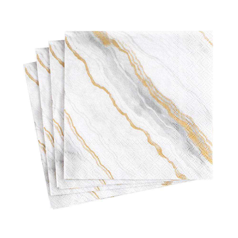 Packaged cocktail napkins with printed designs in triple-ply material.