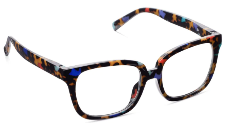 Square eyeglasses with blue-tinted lenses in recycled polycarbonate frame featuring spring hinges.