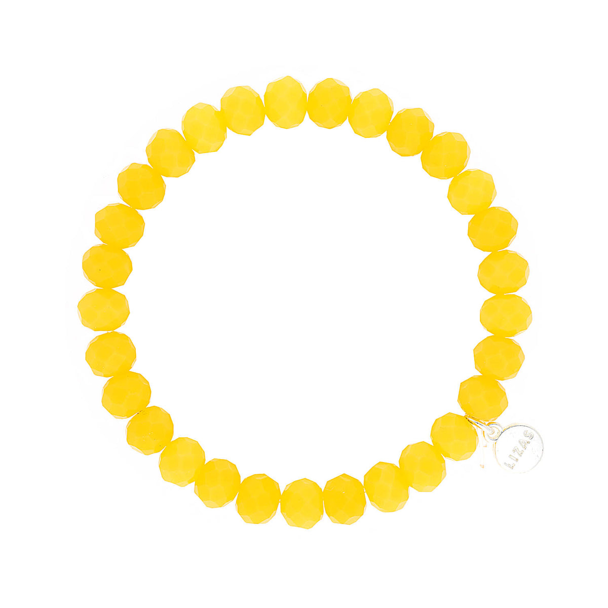 Stretchy bracelet with faceted glass beads in a colorful beaded pattern.