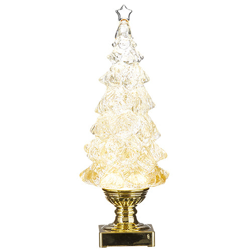 Gold plastic tree with swirling glitter effect inside a clear lighted base.