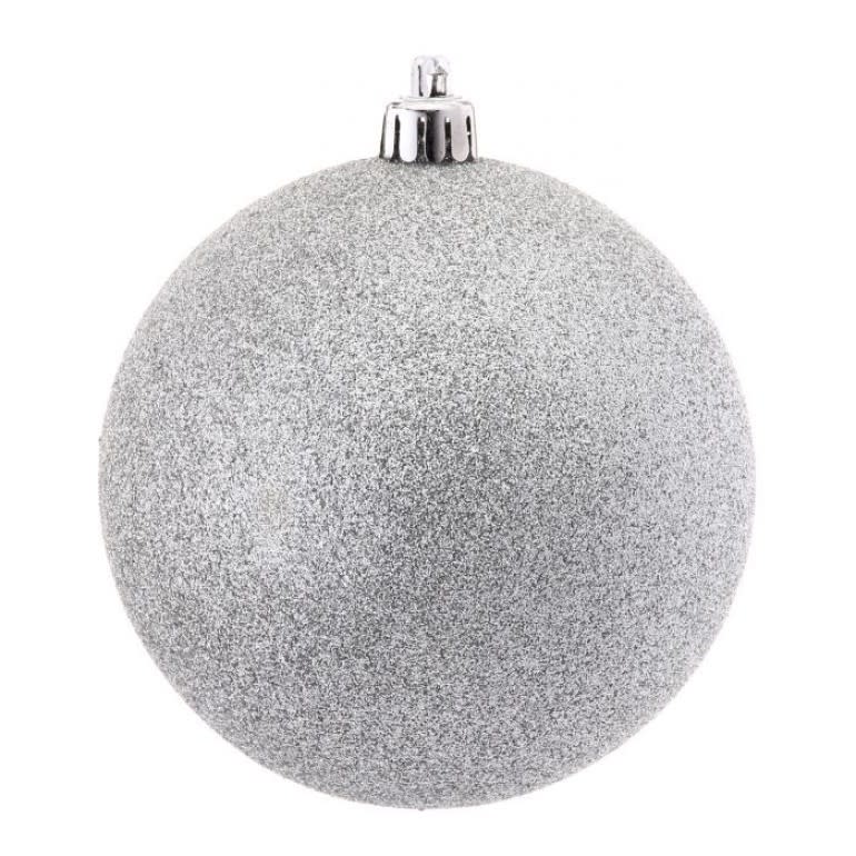 A round vacuum plate glitter ball ornament with a silver metallic finish.