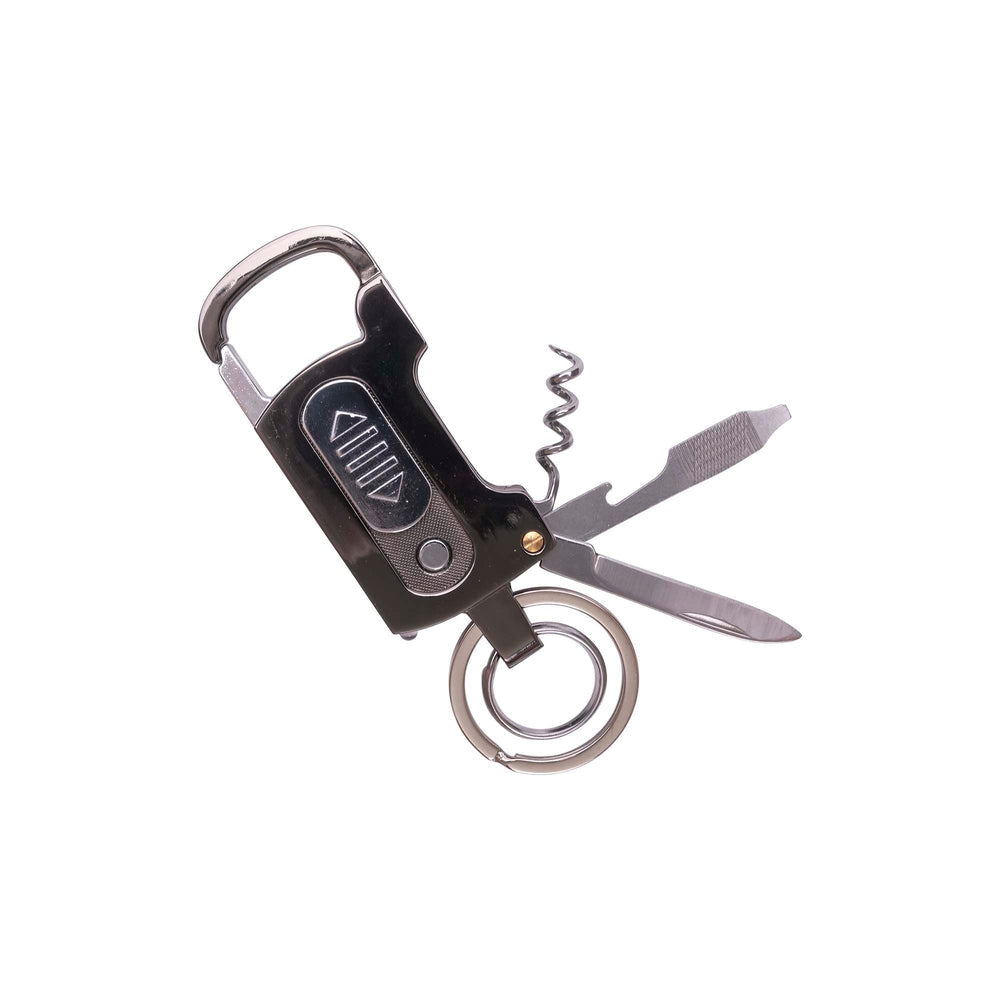 Black executive multi-function carabiner with electric lighter, blade, bottle opener, and flashlight.