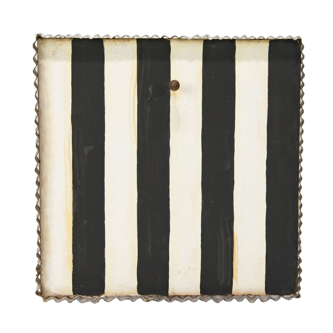 12x12 inch black and white vertical striped mini gallery display board with a corrugated metal edge.