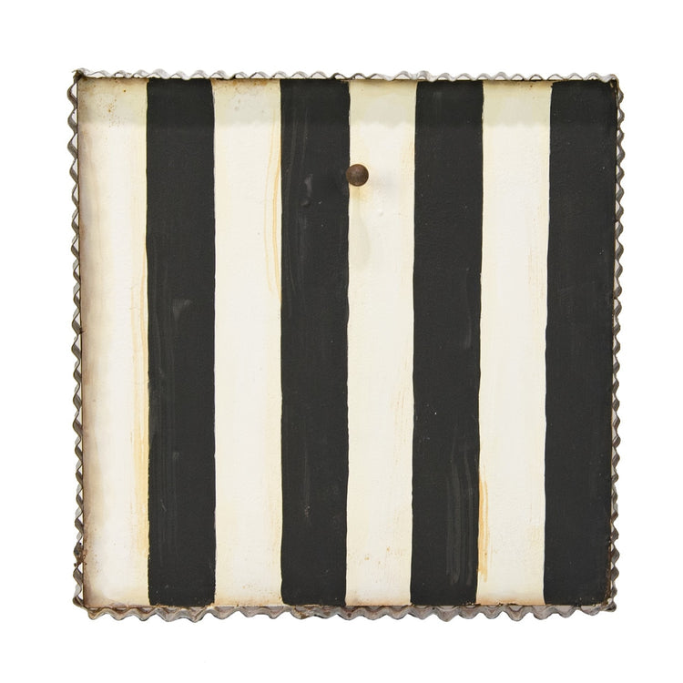 12x12 inch black and white vertical striped mini gallery display board with a corrugated metal edge.