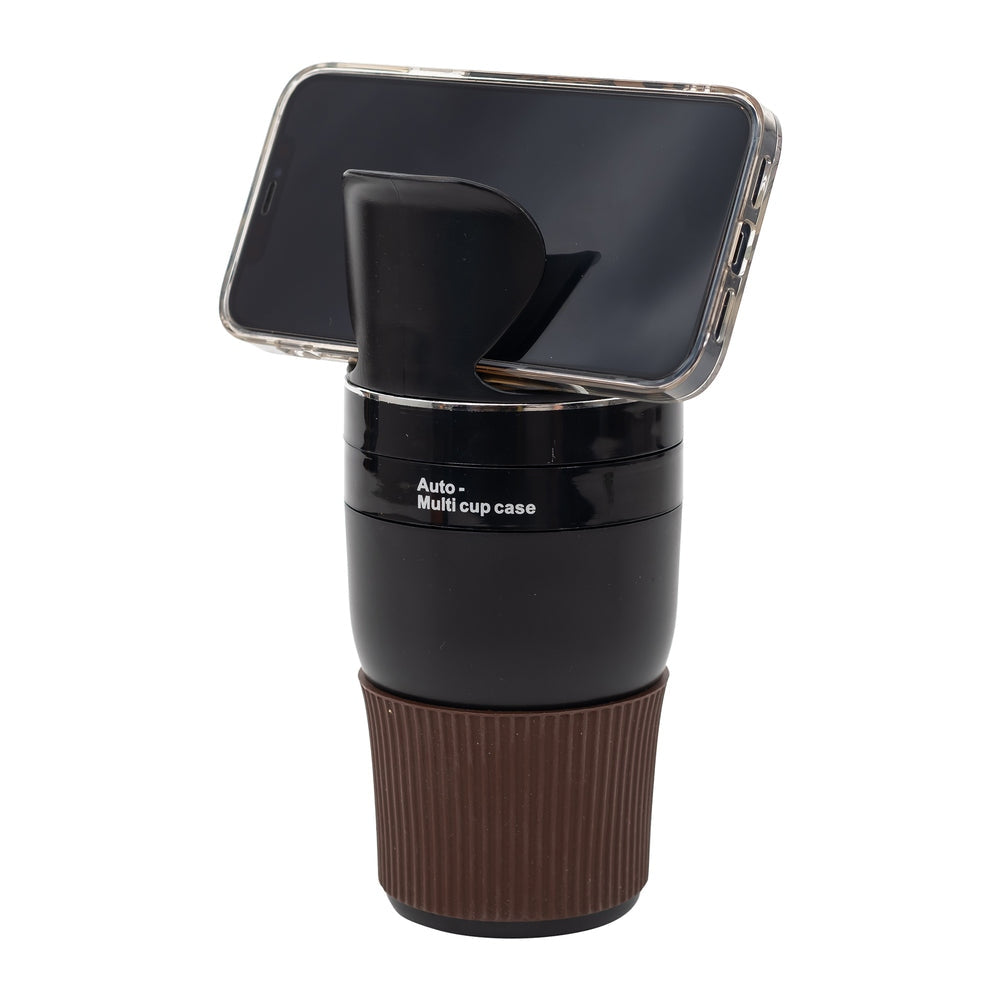 Black rotating car cup holder caddy with non-slip base holding keys