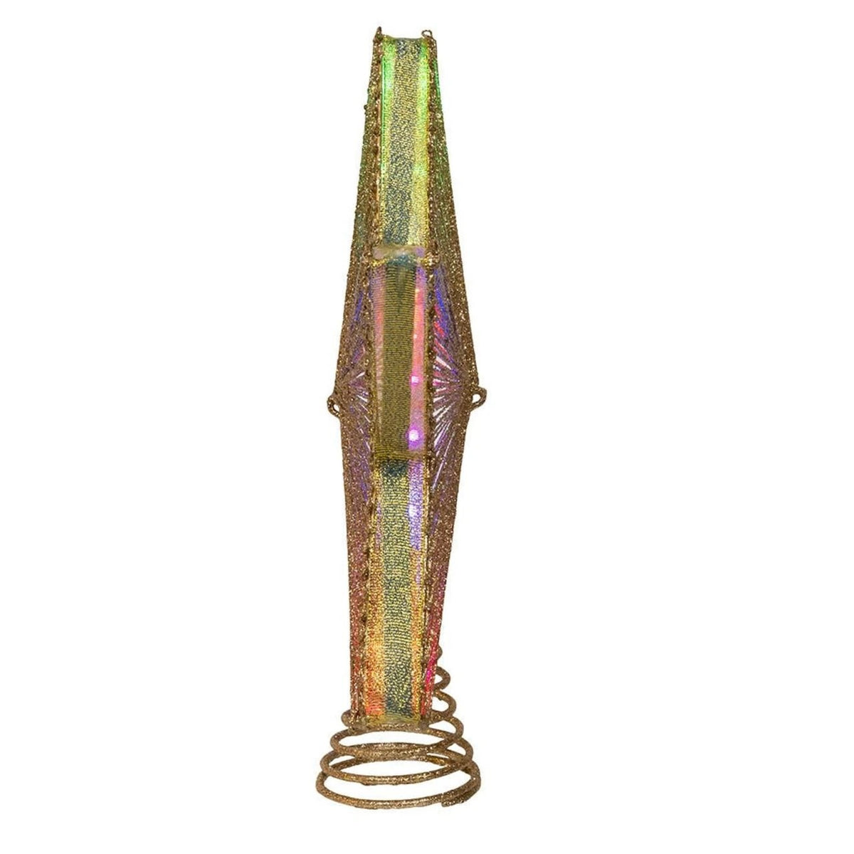 Side view of an 11.5-inch gold glittered star tree topper with multicolor LED lights and coil base.