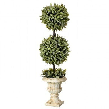 Flocked sage green double ball topiary with a 26-inch height and spherical silhouette.