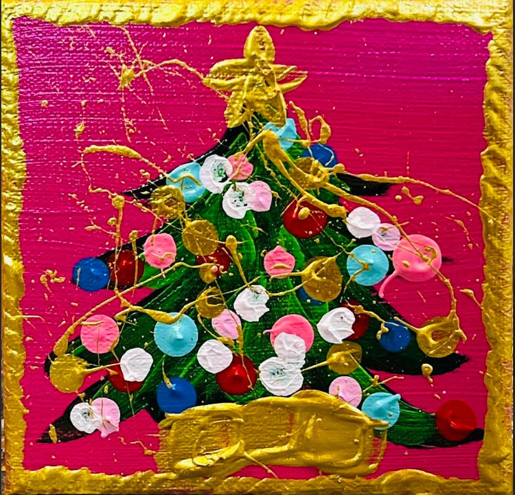 Abstract acrylic painting of a green Christmas tree with colorful ornaments and gold accents on a pink background.