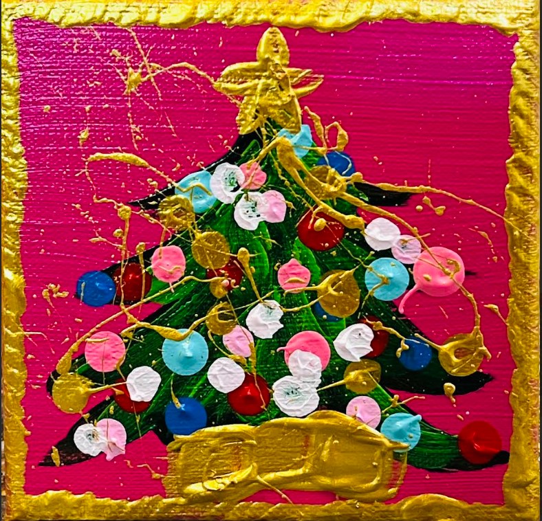 Abstract acrylic painting of a green Christmas tree with colorful ornaments and gold accents on a pink background.