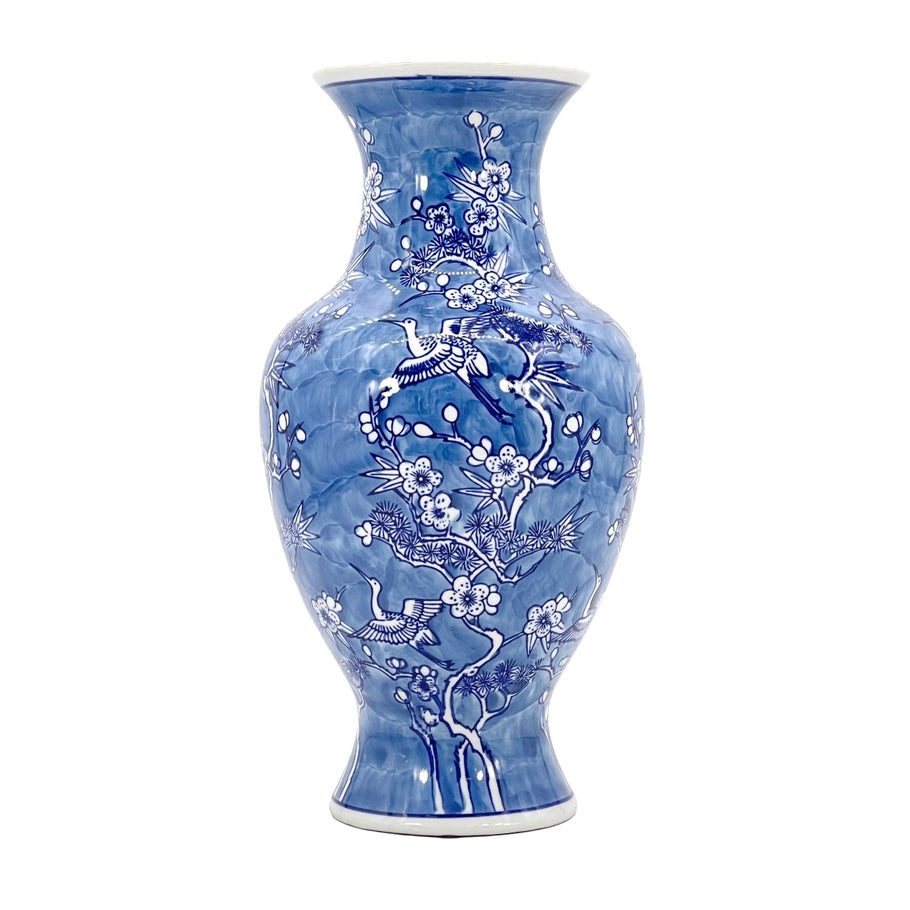 14" Blue & White Crane & Flowers Chinoiserie Ceramic Vase