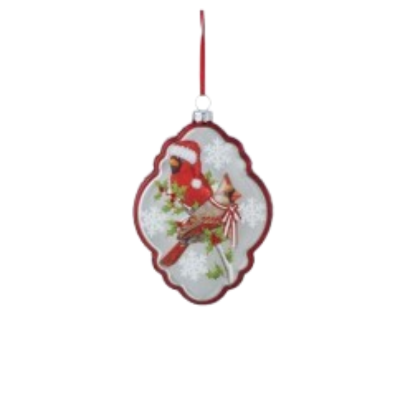 5-inch glass frame ornament featuring two cardinals, holly, and snowflakes with a red border.