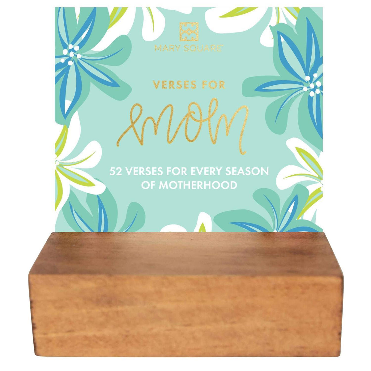 Wooden stand holding a stack of two-inch square cards with front and back patterns.