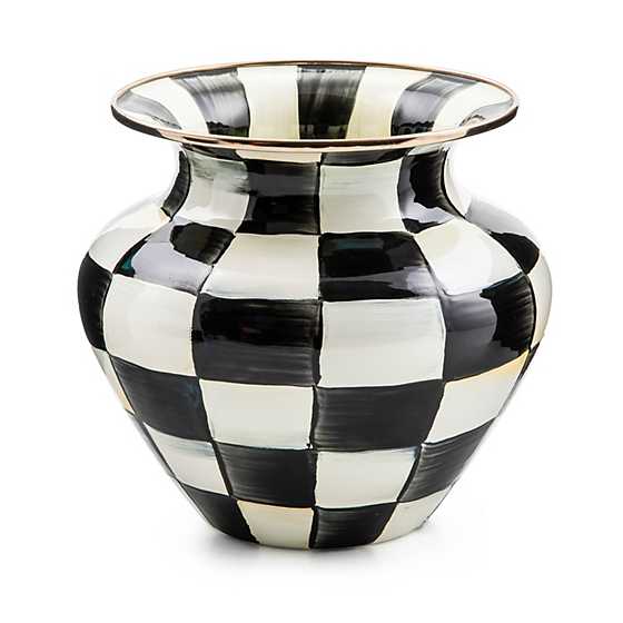 Large enamel vase with hand-painted black and white courtly checks and a bronzed stainless steel rim