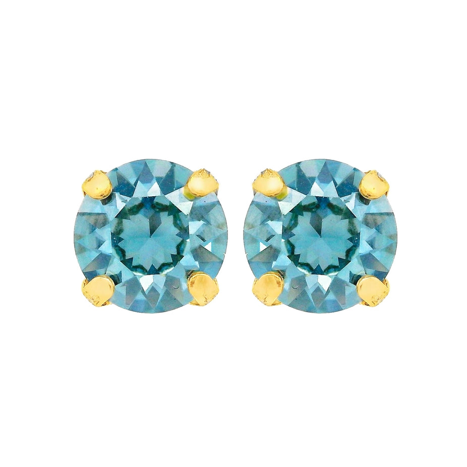 Antique gold plated brass stud earrings with eight millimeter clear crystals in a bohemian style.