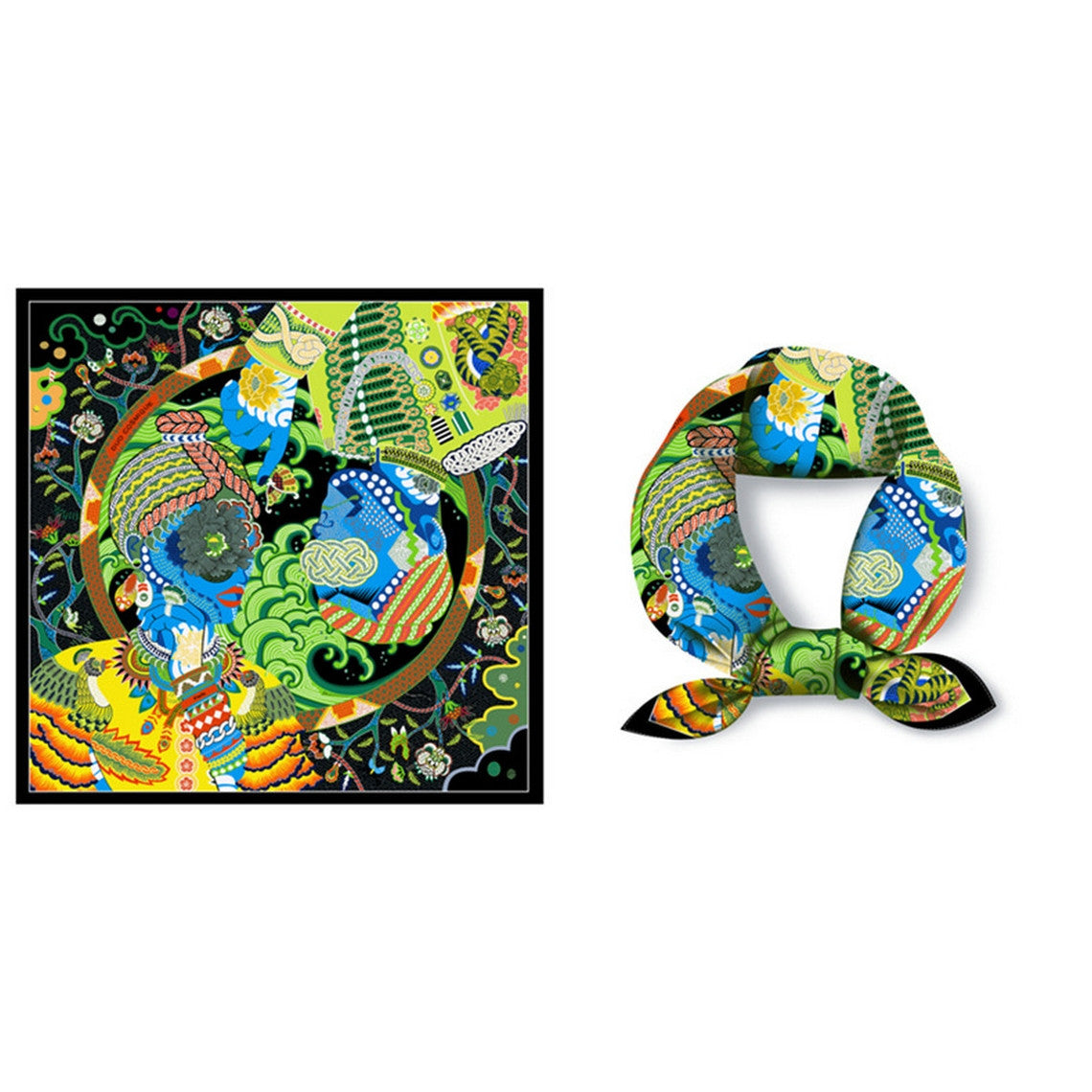 Twilled Satin Mini Scarf with vibrant green, blue, and yellow cosmic-themed illustrations.