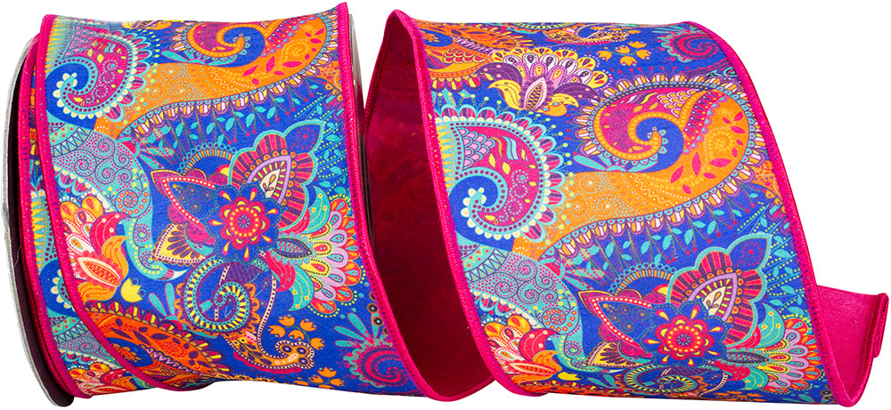 Vibrant paisley patterned fuchsia deluxe wired edge ribbon with blue, orange, and pink details.