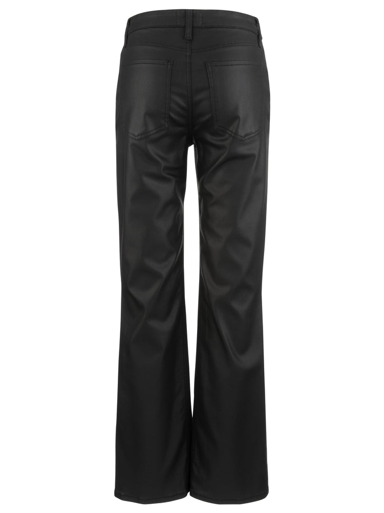 Back view of black coated high-rise kick flare pants with two back pockets and a smooth finish.