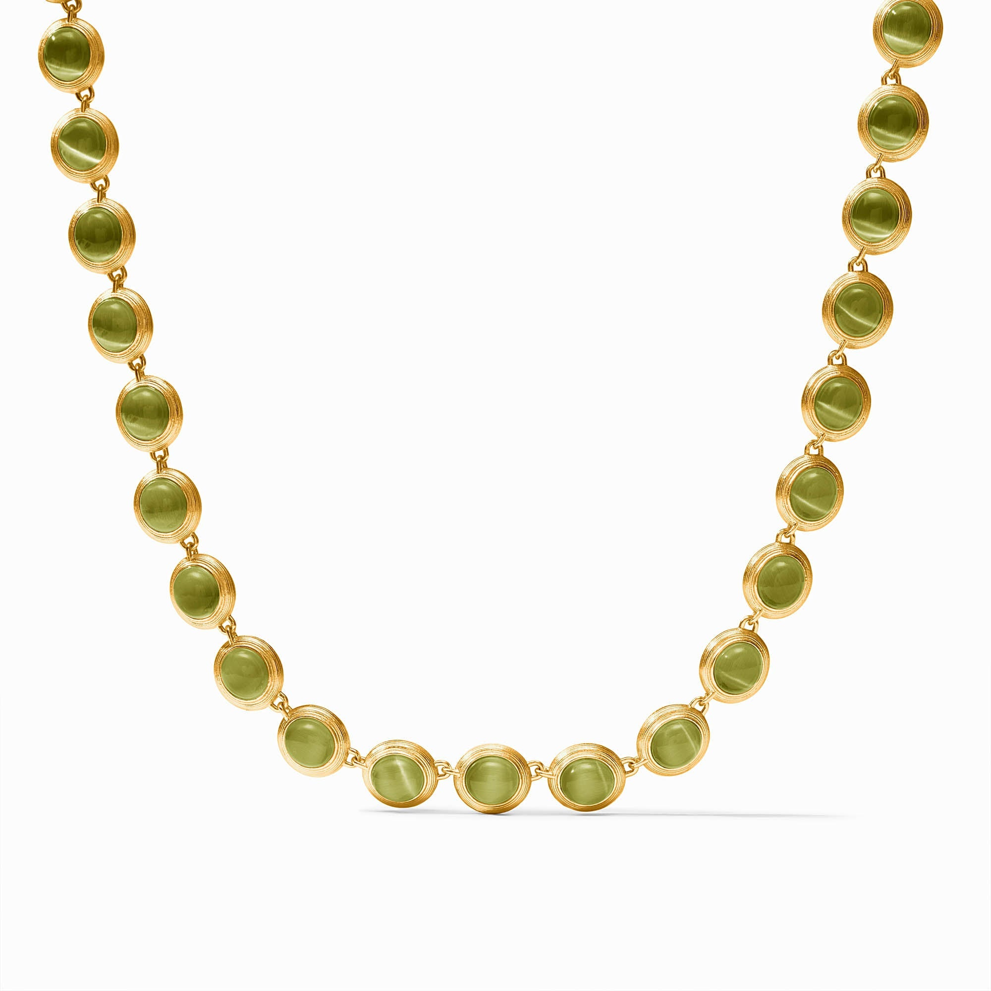 Cobblestone Tennis Necklace in 24K gold plate with a row of round green glass stones.