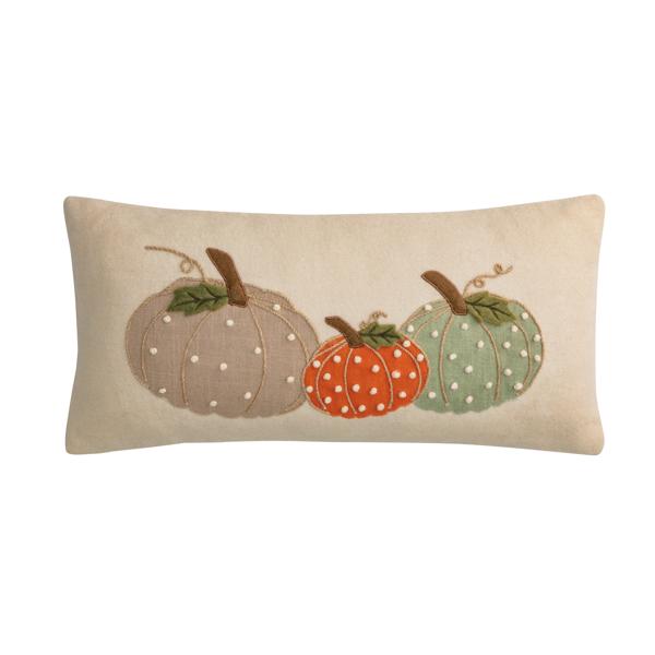 Eighteen-inch square felted wool pumpkin pillow with French knot appliqué on canvas backing.