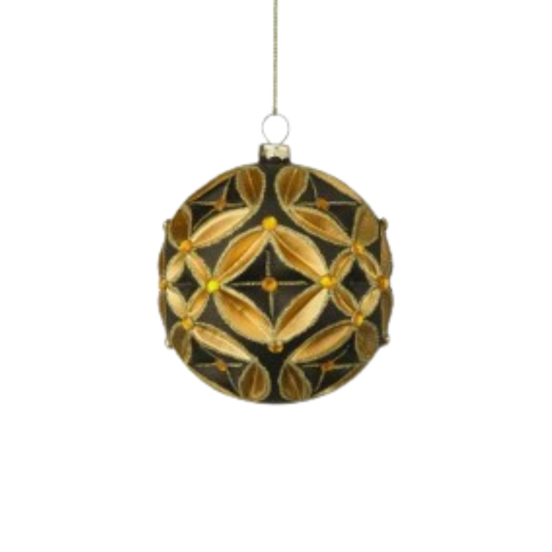 4-inch black glass ball ornament with gold scrollwork and amber gem accents.
