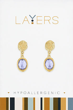 Gold hammered drop dangle earrings featuring a tanzanite stone in layered silhouette