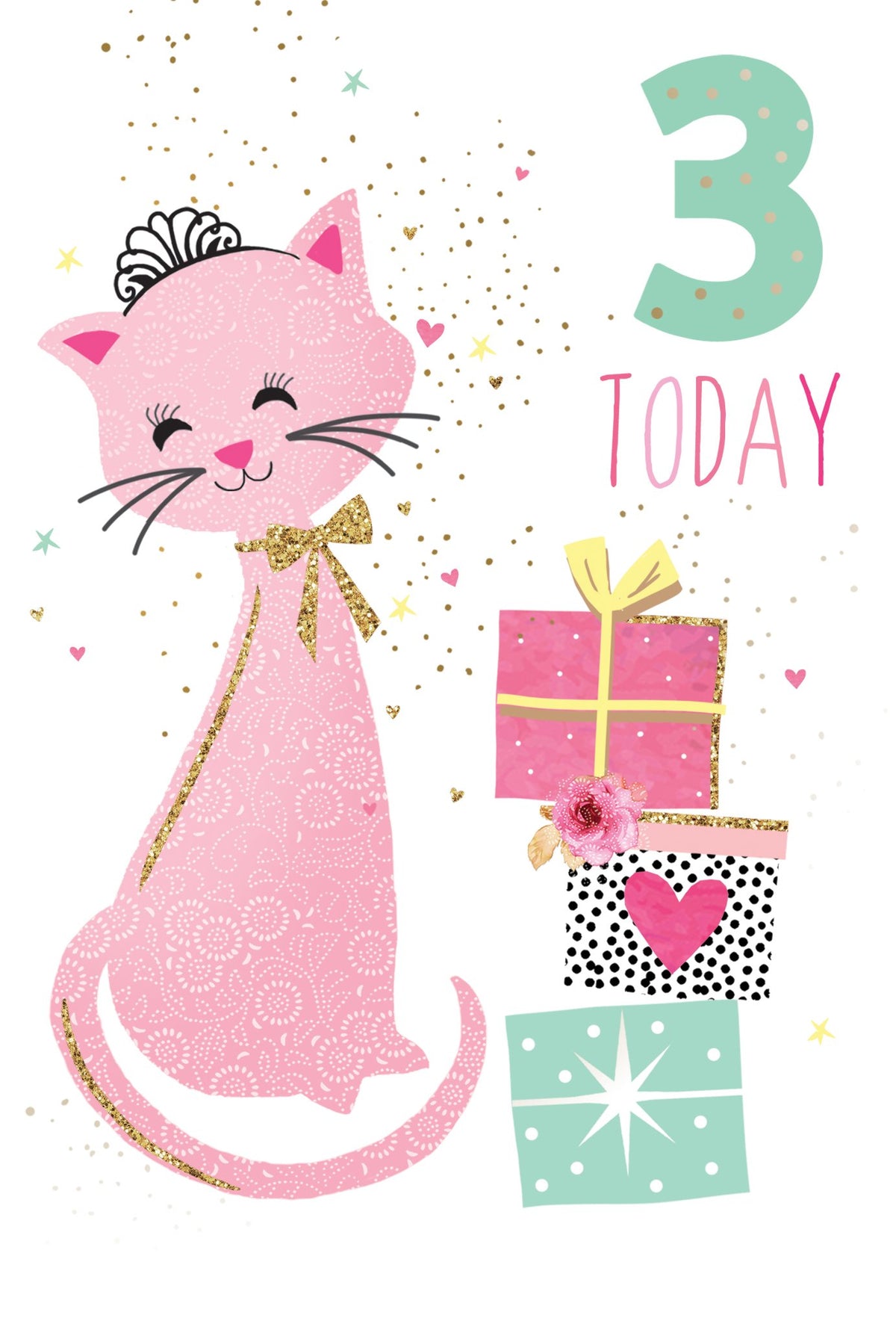 A pink cat wearing a tiara and bow, with gifts and the number 3 for a birthday card.