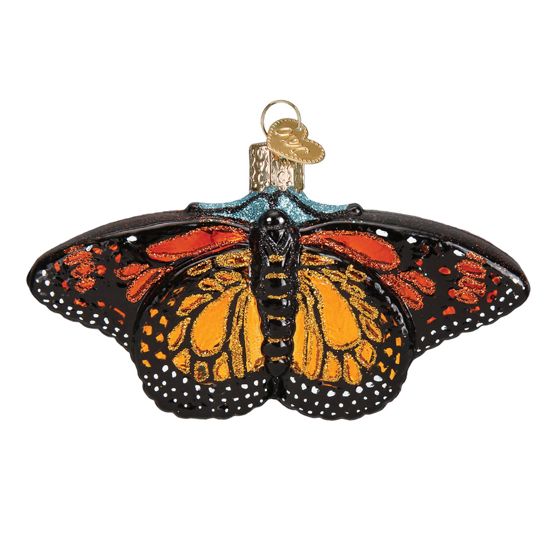 Glass Monarch Butterfly Christmas ornament with orange and black wings and glitter accents.