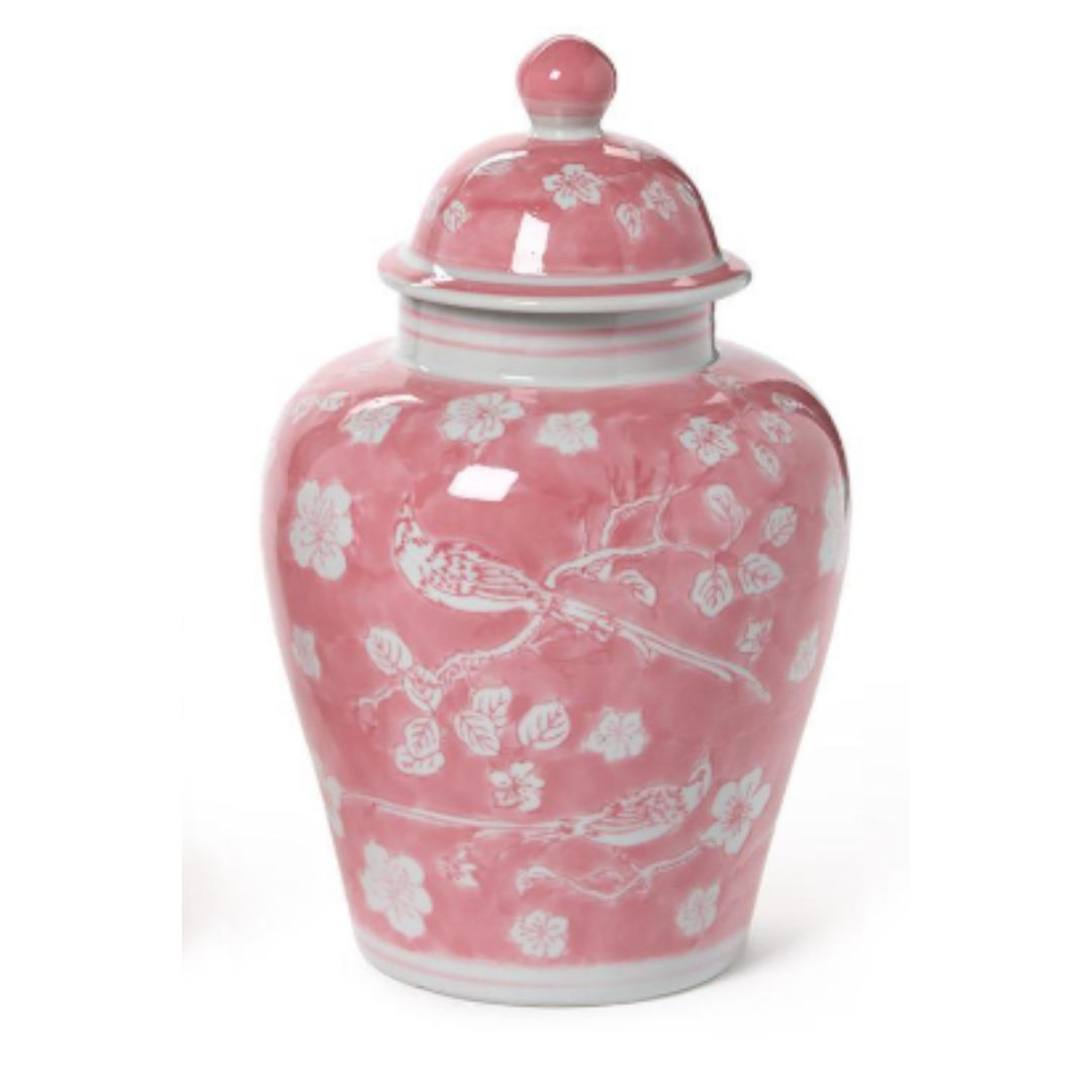 Hand-Painted Pink Chinoiserie Covered Jars - Ceramic