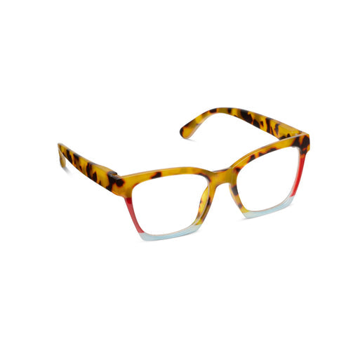 Birdie eyeglasses with bright blue accents on the bottom frame rim
