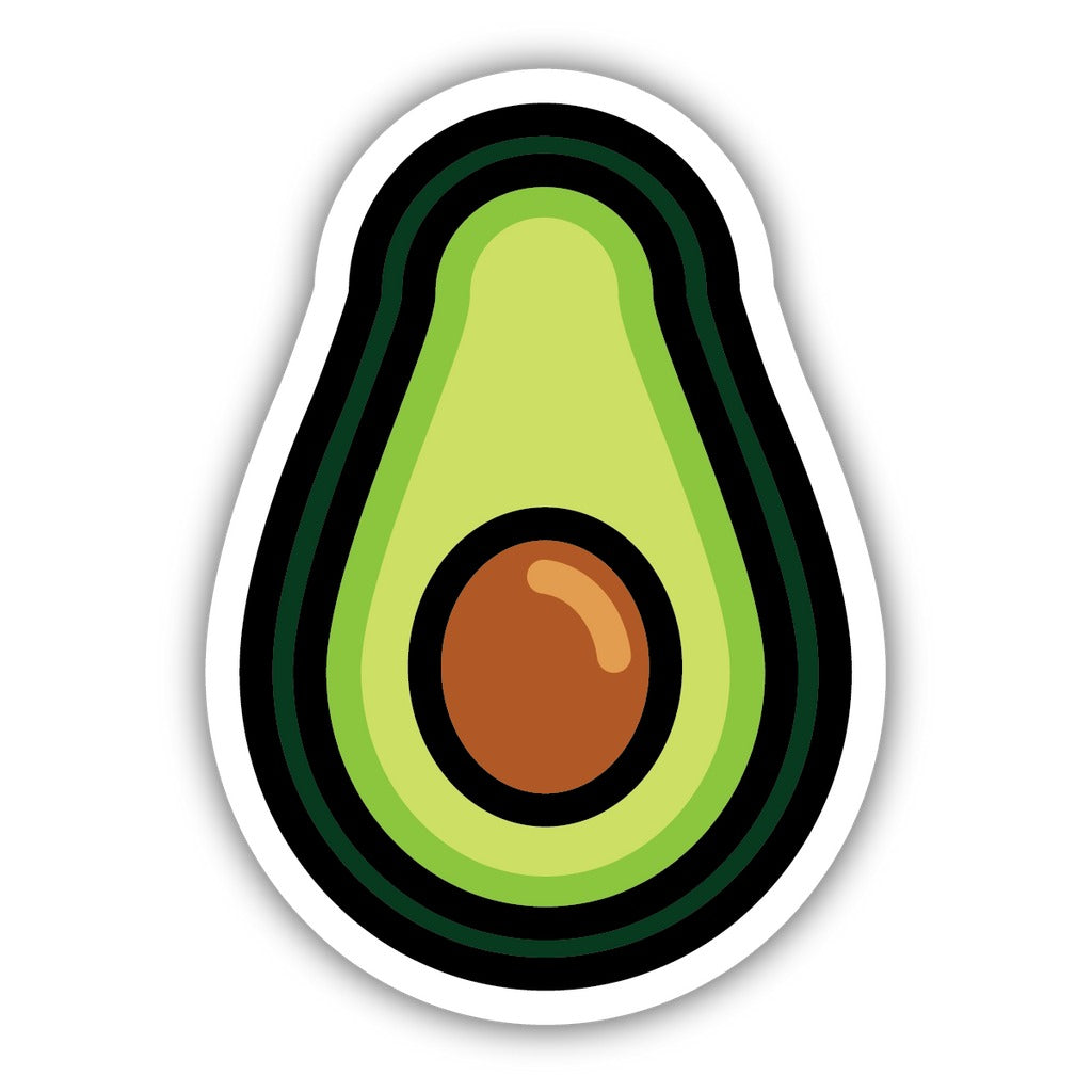 A sticker featuring a cartoon avocado cut in half, showing the pit and green flesh.