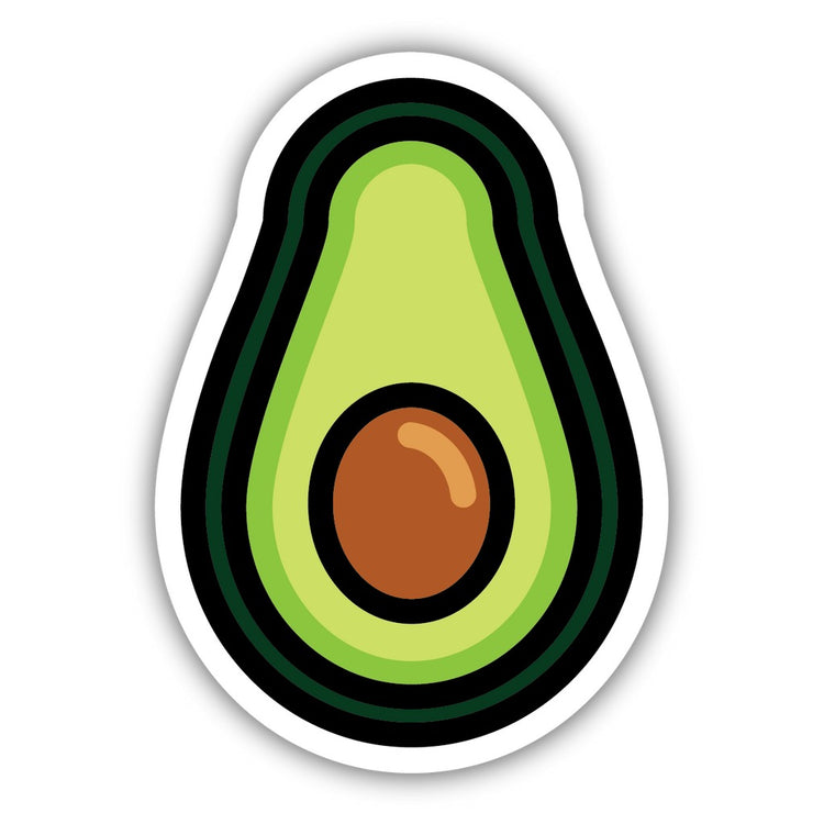 A sticker featuring a cartoon avocado cut in half, showing the pit and green flesh.