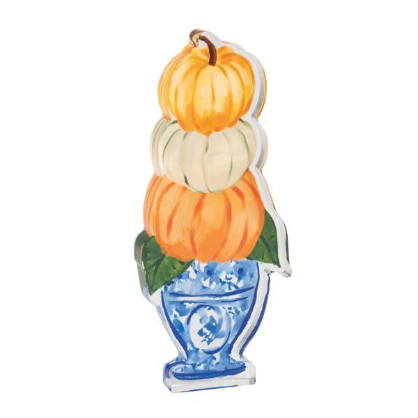 Acrylic sitter featuring three stacked pumpkins in a blue and white patterned ginger jar.