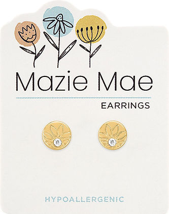 Gold outlined sunflower stud earrings with a central clear stone on a Mazie Mae display card.